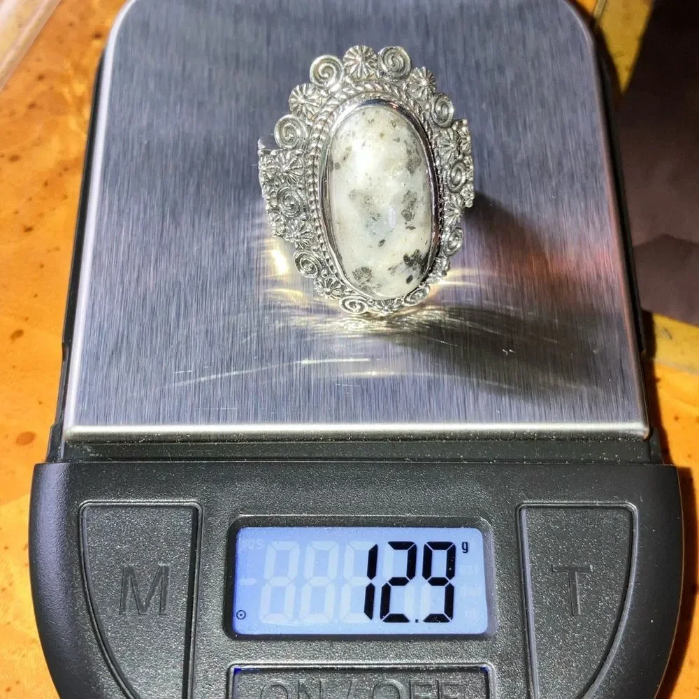 Genuine White Buffalo Sterling Silver Artistic Ring Size 6
